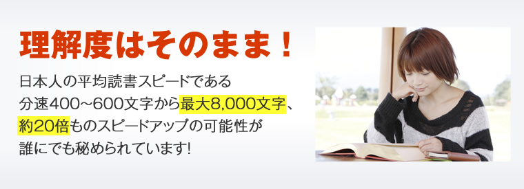 理解度はそのまま!日本人の平均読書スピードである分速400~600文字から最大8,000文字、約20倍ものスピードアップの可能性が誰にでも秘められています!